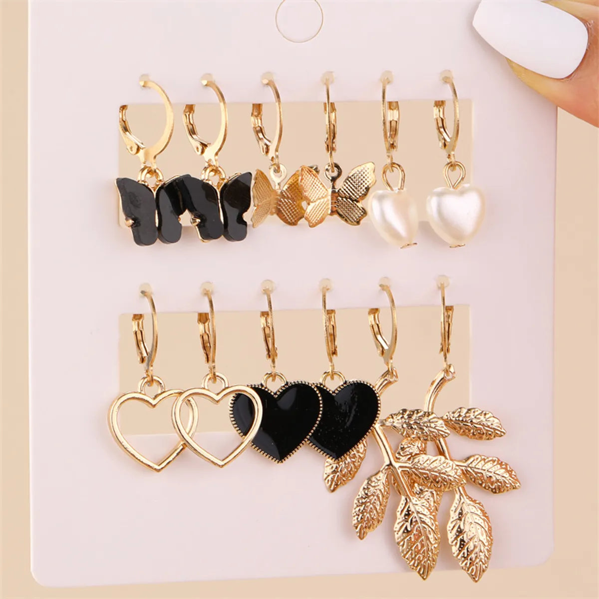 6 Pairs Y2K Sweet Heart Shape Flower Butterfly Alloy Drop Earrings