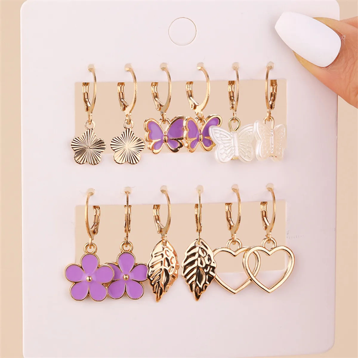 6 Pairs Y2K Sweet Heart Shape Flower Butterfly Alloy Drop Earrings