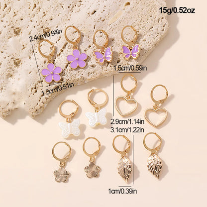 6 Pairs Y2K Sweet Heart Shape Flower Butterfly Alloy Drop Earrings