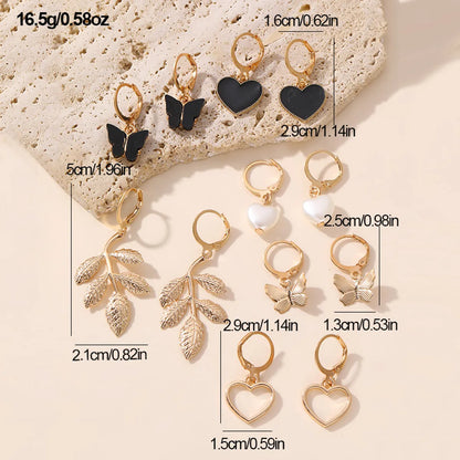 6 Pairs Y2K Sweet Heart Shape Flower Butterfly Alloy Drop Earrings