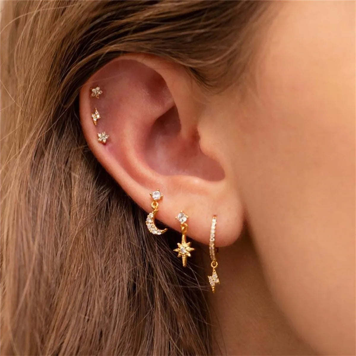 6 Pieces Fashion Star Moon Lightning Copper Plating Zircon Earrings