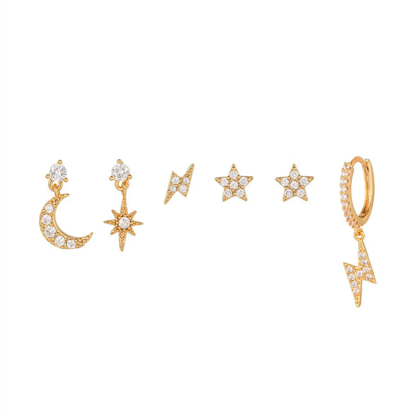 6 Pieces Fashion Star Moon Lightning Copper Plating Zircon Earrings