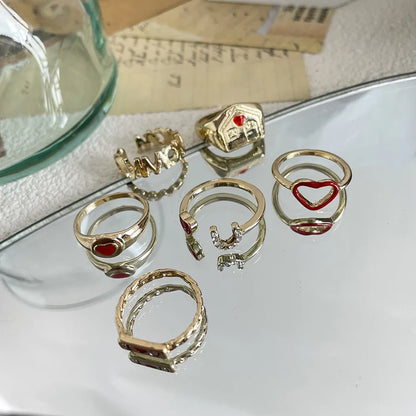 6 Pieces Sweet Heart Shape Alloy Inlay Rhinestones Women'S Rings