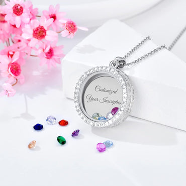 Heart/Round Floating Locket Necklace That Holds Birthstones/Pictures/Hair Locket Living Flower DIY Floating Charm Memory Mother Gift for Women Personalize Inscription