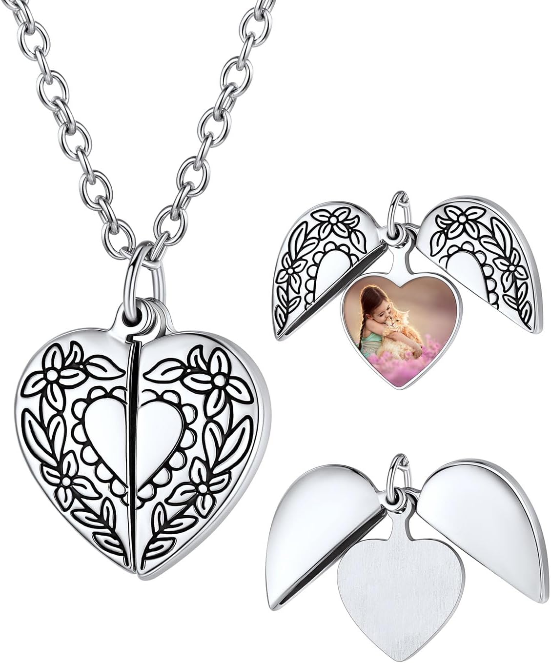 Personalized Heart Locket Necklace with Pictures,Sunflower/Angel Wings/Heart Shaped Lockets Custom Photo,Gold/Rose Gold/White Lockets That Holds Picture,Customized Memorial Jewelry for Women