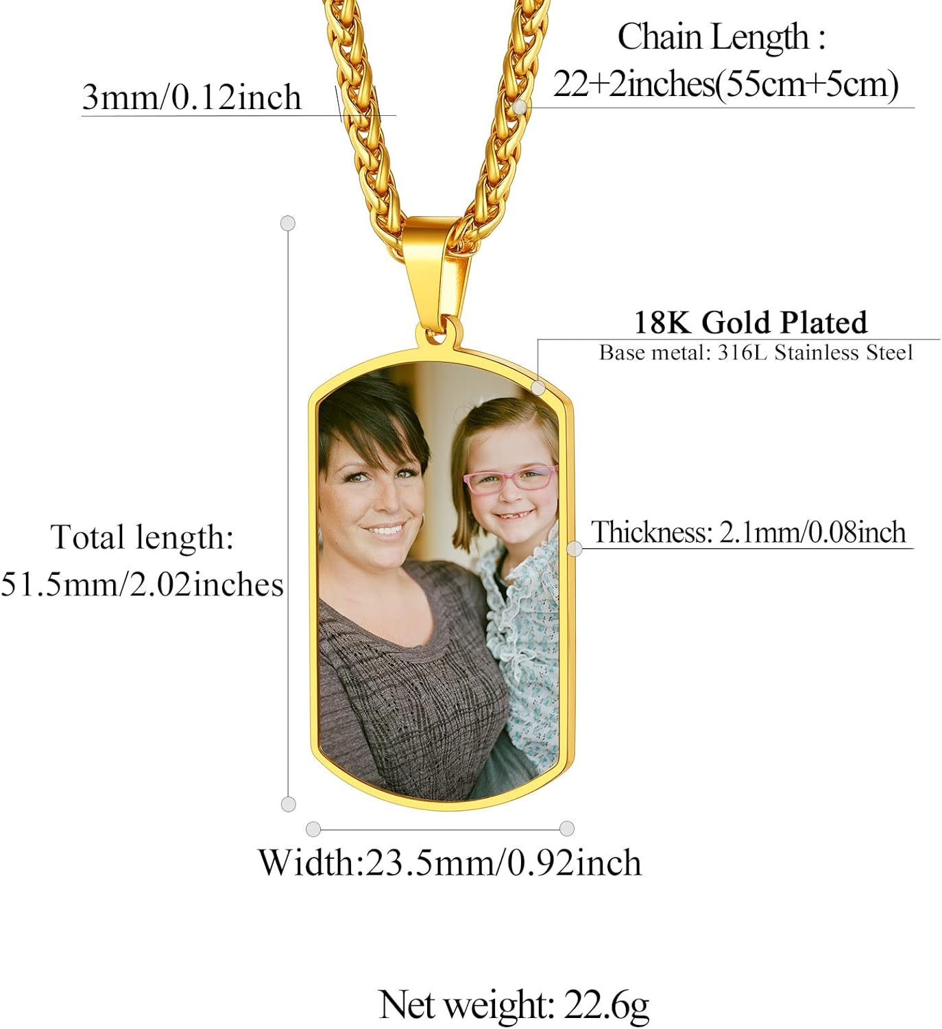 Photo Necklace Personalized for Men Women Dog Tag/Square/Round/Angel Wing/Cat/Oval Shaped Stainless Steel/18K Gold Plated Picture Pendant Custom Text Memorial Jewelry, with Gift Box