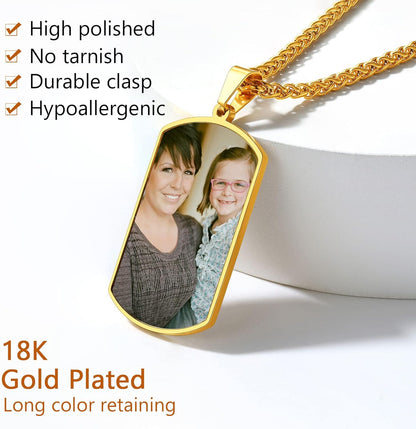 Photo Necklace Personalized for Men Women Dog Tag/Square/Round/Angel Wing/Cat/Oval Shaped Stainless Steel/18K Gold Plated Picture Pendant Custom Text Memorial Jewelry, with Gift Box