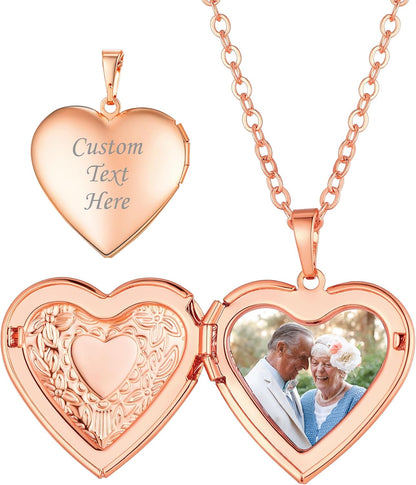 Personalized Heart Locket Necklace with Pictures,Sunflower/Angel Wings/Heart Shaped Lockets Custom Photo,Gold/Rose Gold/White Lockets That Holds Picture,Customized Memorial Jewelry for Women