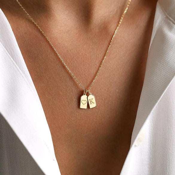 Turandoss Gold Initial Necklaces for Women, 14K Gold Plated Dainty Gold Necklace Heart Initial Necklace Personalized Initial Tag Pendant Necklaces for Women Trendy Jewelry Gifts