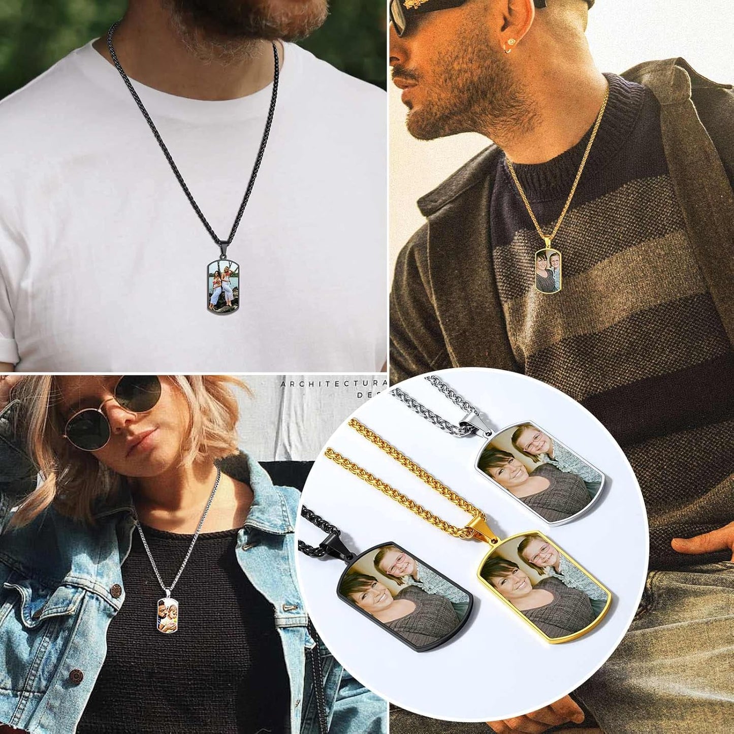 Photo Necklace Personalized for Men Women Dog Tag/Square/Round/Angel Wing/Cat/Oval Shaped Stainless Steel/18K Gold Plated Picture Pendant Custom Text Memorial Jewelry, with Gift Box