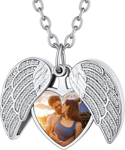 Personalized Heart Locket Necklace with Pictures,Sunflower/Angel Wings/Heart Shaped Lockets Custom Photo,Gold/Rose Gold/White Lockets That Holds Picture,Customized Memorial Jewelry for Women