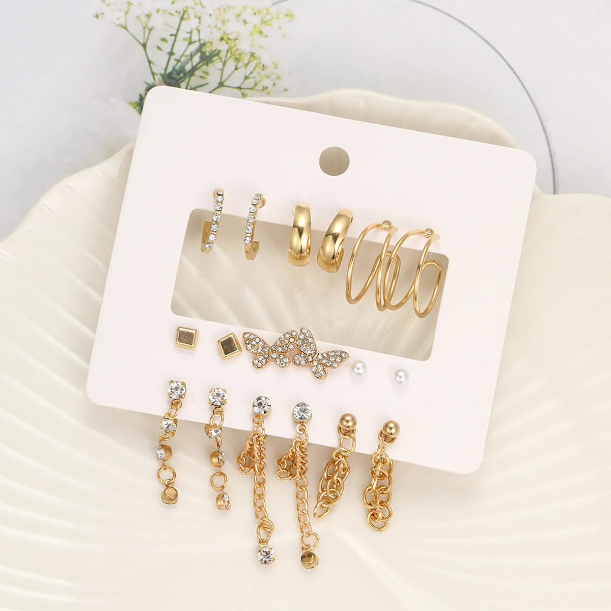 9 Pairs Elegant Shiny Tassel Heart Shape Butterfly Plating Inlay Imitation Pearl Alloy Artificial Gemstones Artificial Pearls Rhinestones Gold Plated Silver Plated Earrings