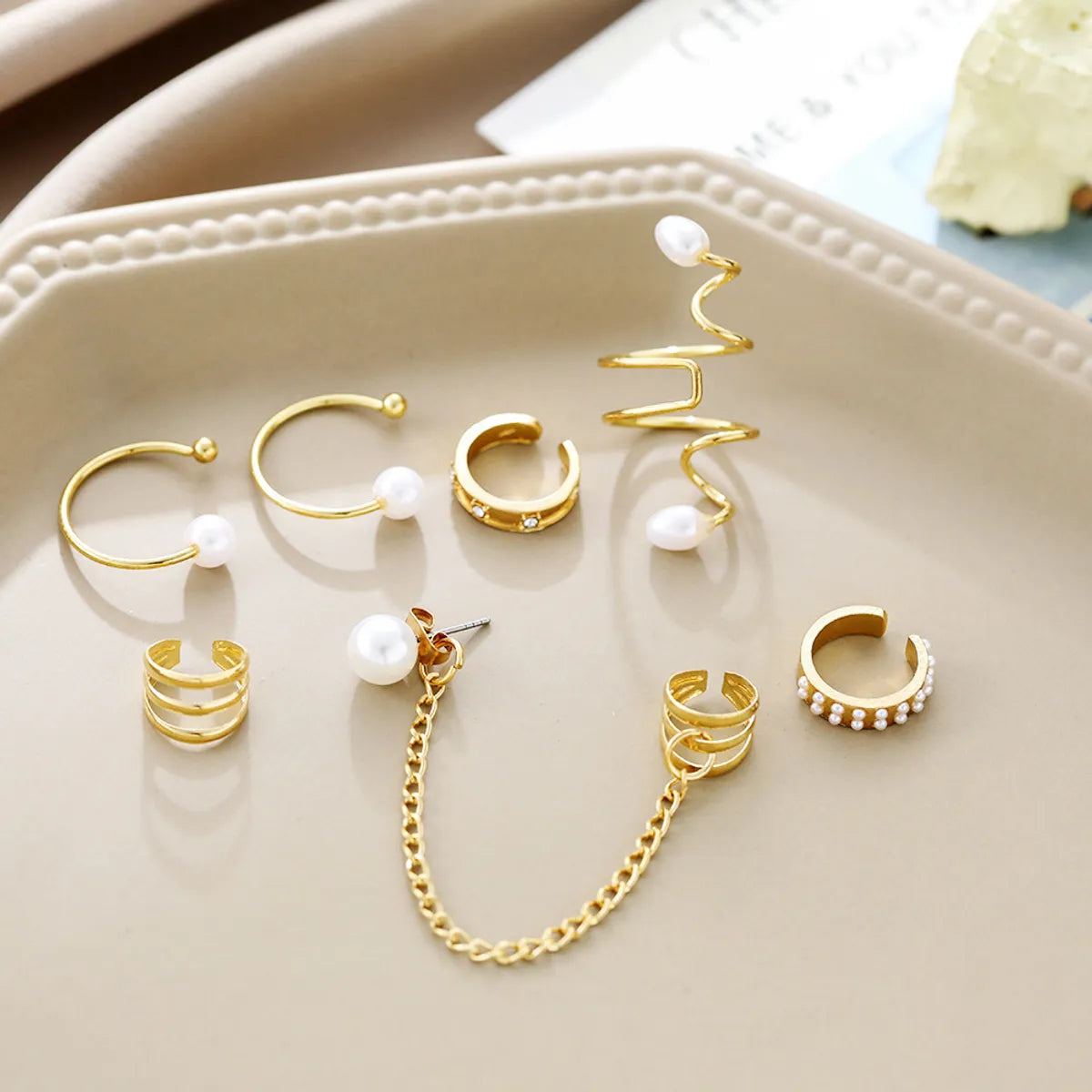 9 Pieces Elegant Geometric Solid Color Asymmetrical Hollow Out Alloy 14K Gold Plated Ear Cuffs