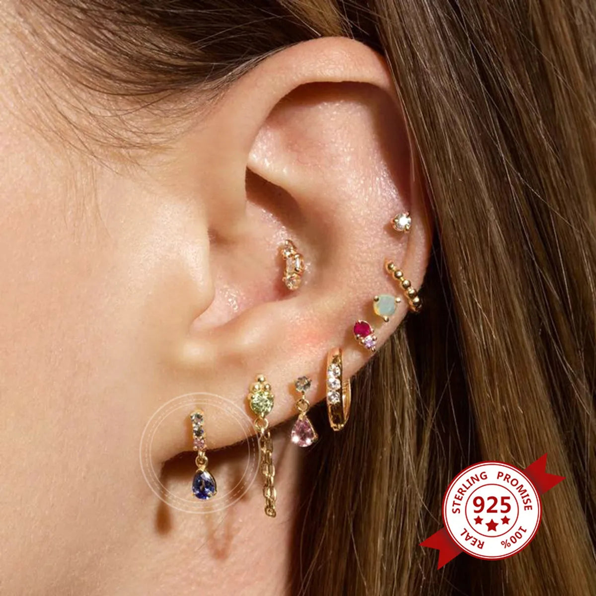 925 Silver Romantic Golden Inlaid Colorful Zircon Ear Studs