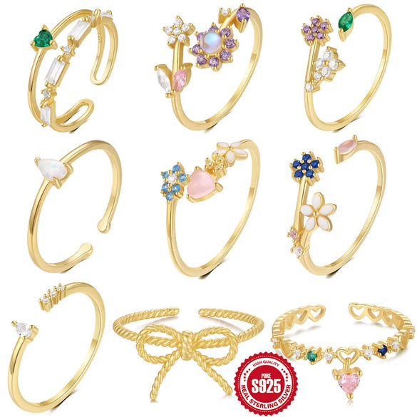 925 Sterling Silver Geometric Flower Bow Knot Open Rings 925 Sterling Silver Rings