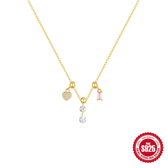 925 Sterling Silver Turquoise Zircon Cable Chain Plating Geometric Heart Shape Bow Knot Pendant Necklace