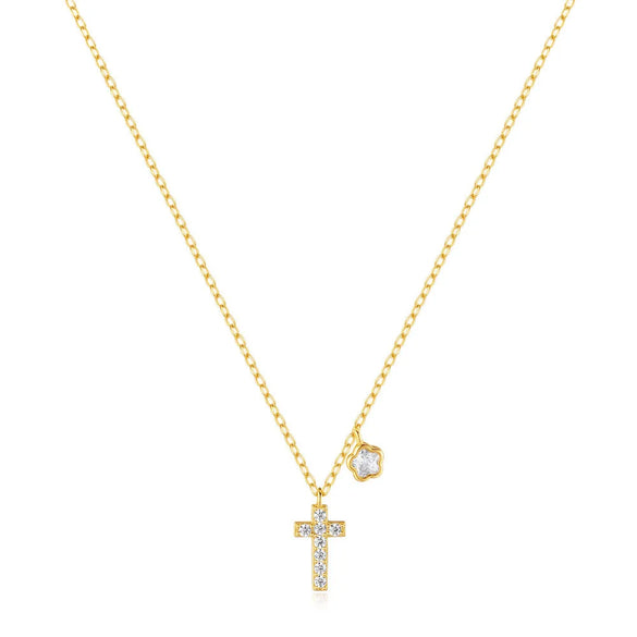 925 Sterling Silver Zircon Cable Chain Plating Cross Flower Multi Charms Necklace