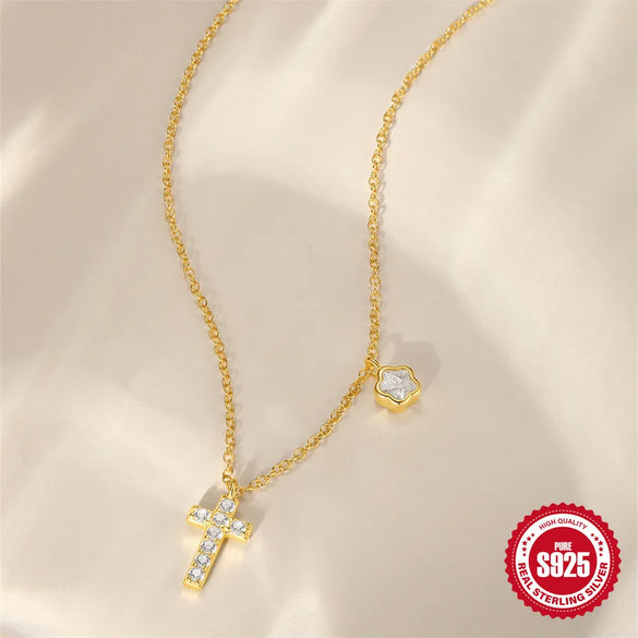 925 Sterling Silver Zircon Cable Chain Plating Cross Flower Multi Charms Necklace