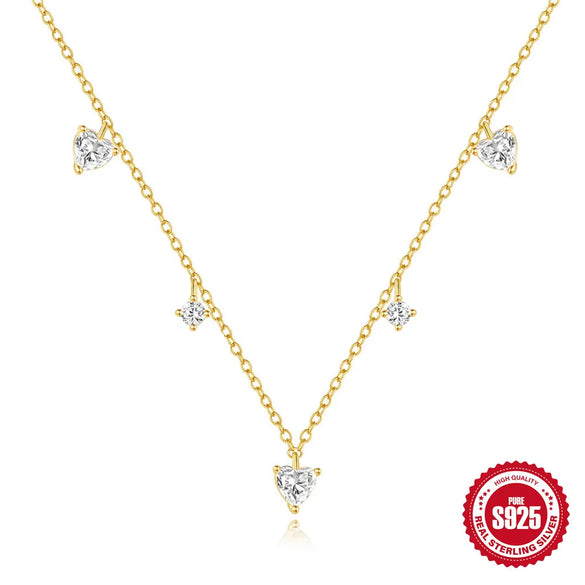 925 Sterling Silver Zircon Cable Chain Plating Heart Shape Multi Charms Necklace