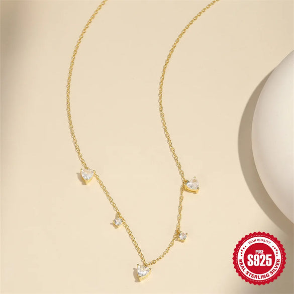 925 Sterling Silver Zircon Cable Chain Plating Heart Shape Multi Charms Necklace