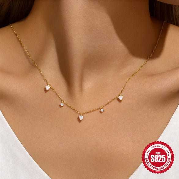 925 Sterling Silver Zircon Cable Chain Plating Heart Shape Multi Charms Necklace