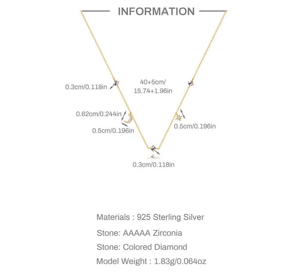 925 Sterling Silver Zircon Cable Chain Plating Star Moon Multi Charms Necklace