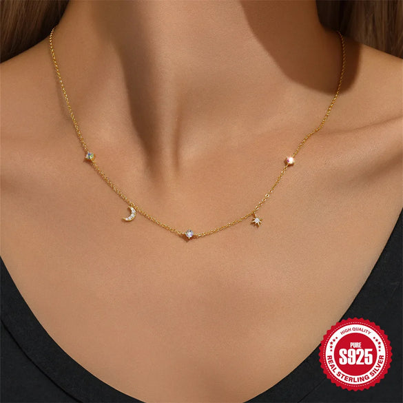 925 Sterling Silver Zircon Cable Chain Plating Star Moon Multi Charms Necklace