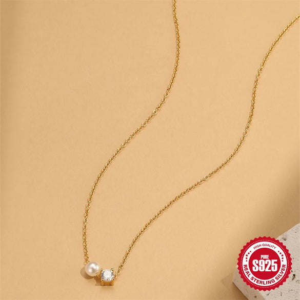 925 Sterling Silver Zircon  Pearl Plating Inlay Geometric Necklace
