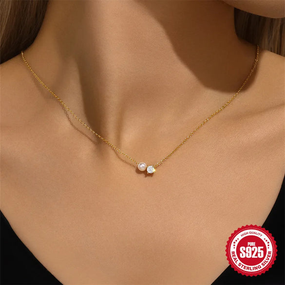 925 Sterling Silver Zircon  Pearl Plating Inlay Geometric Necklace