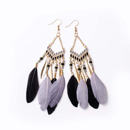 Vintage Fan-shaped Tassel Feather Long Bohemian Beads Earrings Wholesale