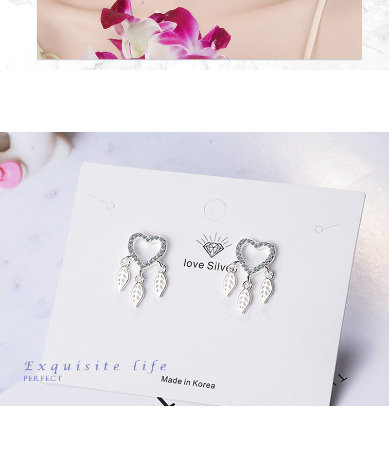 1 Pair Sweet Leaves Heart Shape Plating Hollow Out Inlay Copper Zircon Silver Plated Drop Earrings