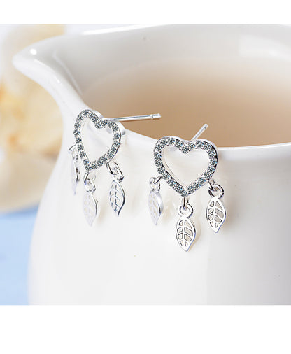 1 Pair Sweet Leaves Heart Shape Plating Hollow Out Inlay Copper Zircon Silver Plated Drop Earrings