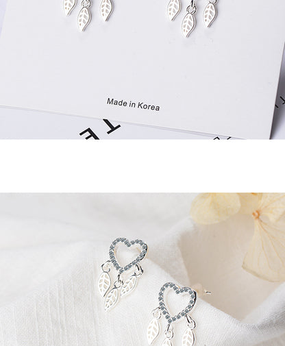 1 Pair Sweet Leaves Heart Shape Plating Hollow Out Inlay Copper Zircon Silver Plated Drop Earrings