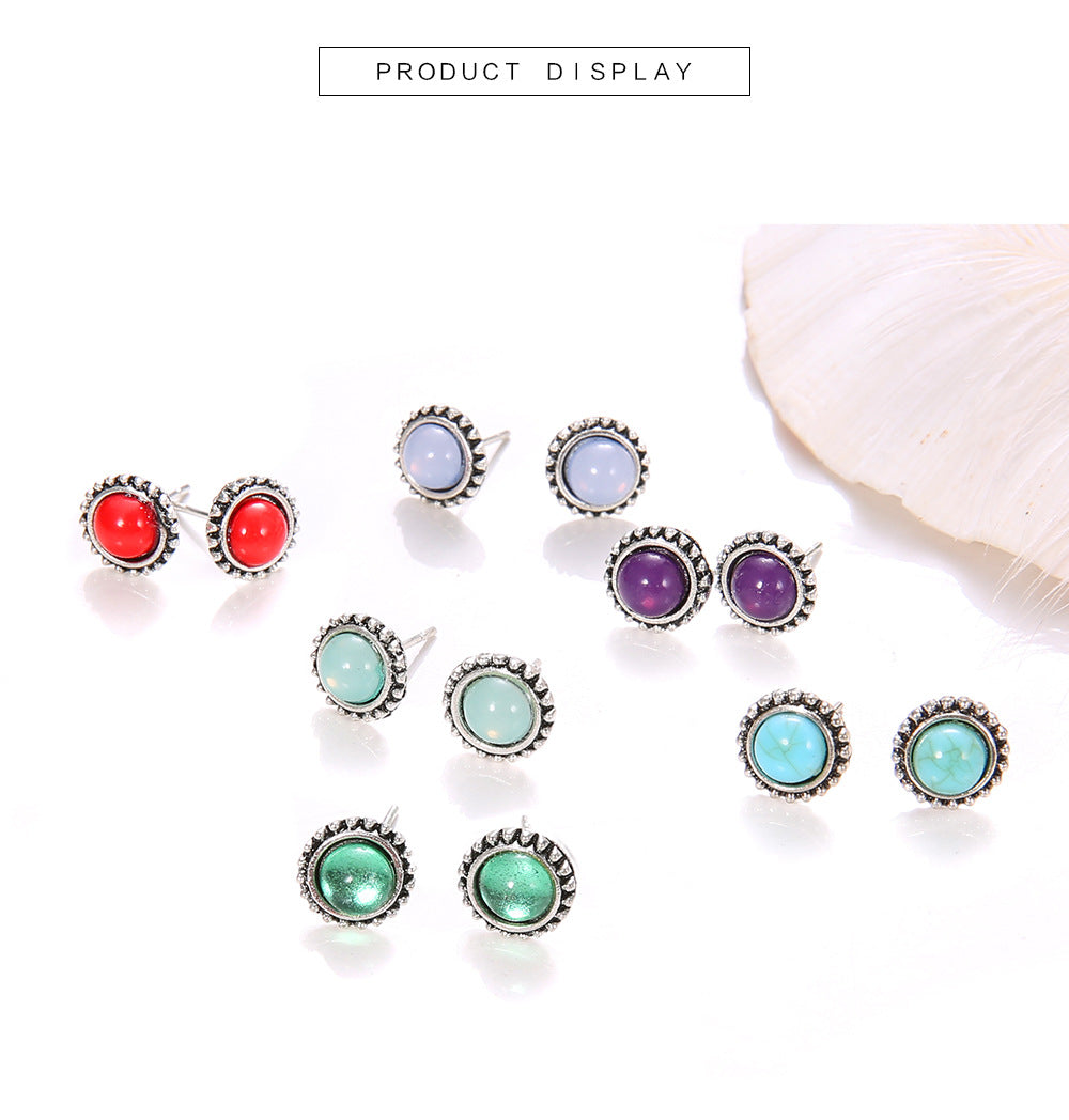 Fashion Round Gemstone Earrings Multicolor 6 Pairs Of Earrings Set