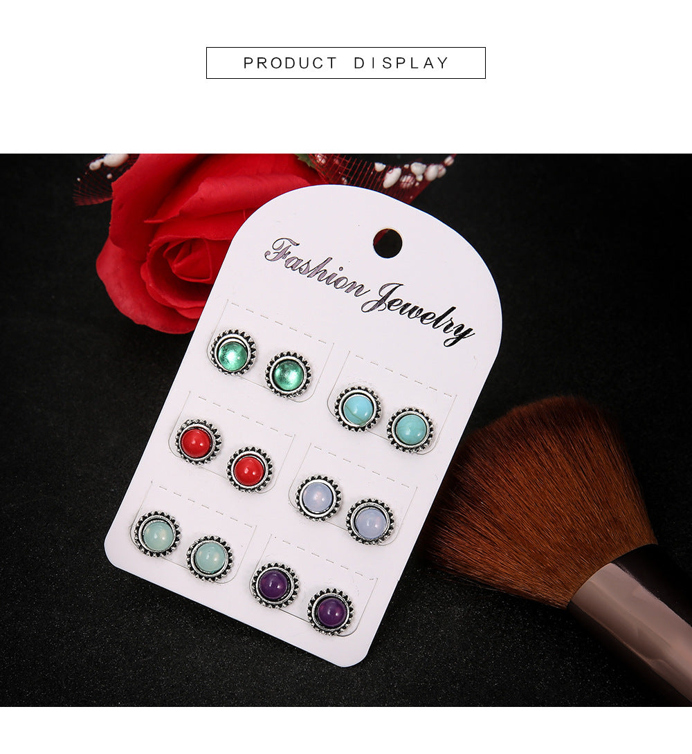 Fashion Round Gemstone Earrings Multicolor 6 Pairs Of Earrings Set