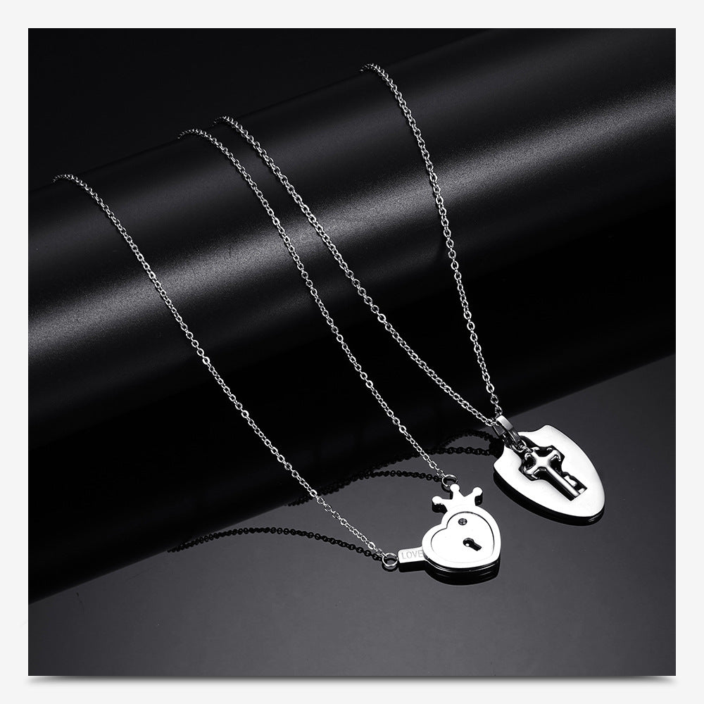 Romantic Simple Style Heart Shape Key Lock Titanium Steel Pendant Necklace