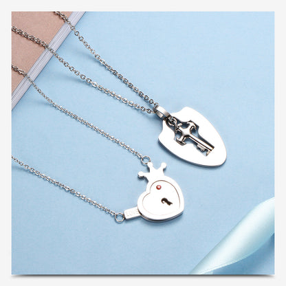 Romantic Simple Style Heart Shape Key Lock Titanium Steel Pendant Necklace