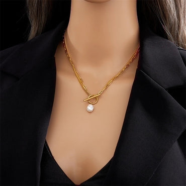 Basic Geometric Titanium Steel Layered Gold Plated Artificial Pearls Pendant Necklace