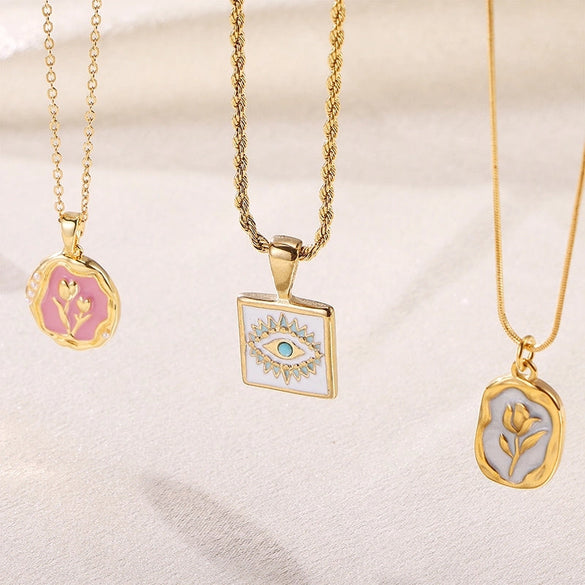 Elegant Retro Devil's Eye Rose Stainless Steel Enamel Plating 18k Gold Plated Pendant Necklace