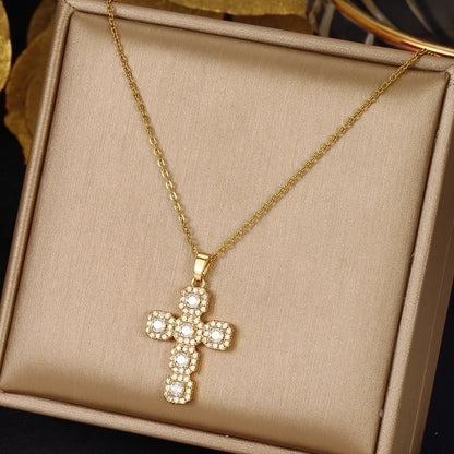 Ethnic Style Cross Stainless Steel Inlay Zircon Pendant Necklace