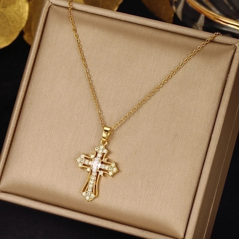 Ethnic Style Cross Stainless Steel Inlay Zircon Pendant Necklace