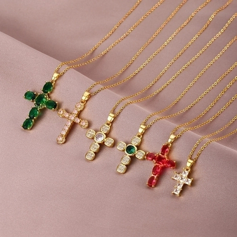 Ethnic Style Cross Stainless Steel Inlay Zircon Pendant Necklace