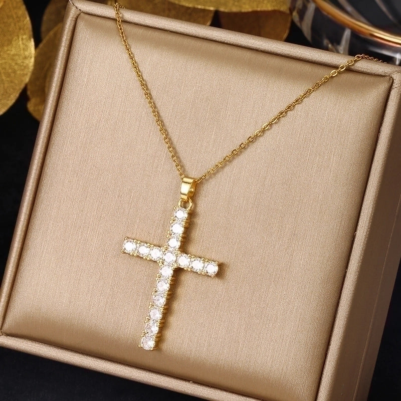 Ethnic Style Cross Stainless Steel Inlay Zircon Pendant Necklace