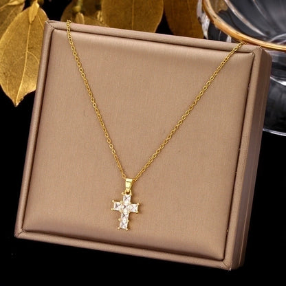 Ethnic Style Cross Stainless Steel Inlay Zircon Pendant Necklace