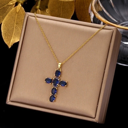 Ethnic Style Cross Stainless Steel Inlay Zircon Pendant Necklace