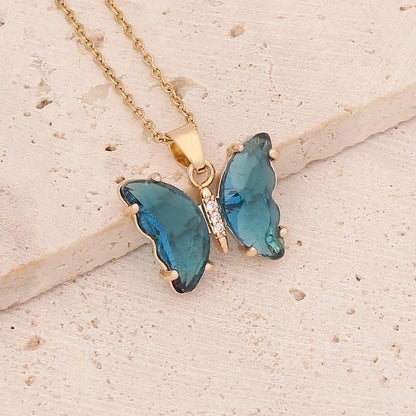 Fairy Style Butterfly Stainless Steel Necklace Inlay Crystal Stainless Steel Necklaces 1 Piece