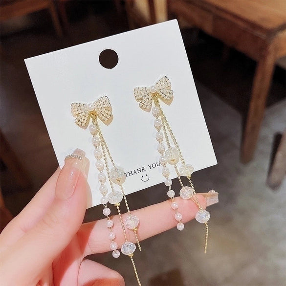 Fashion Geometric Heart Shape Bow Knot Copper Diamond Artificial Pearls Zircon Drop Earrings 1 Pair