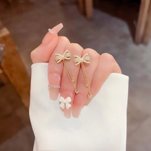 Fashion Geometric Heart Shape Bow Knot Copper Diamond Artificial Pearls Zircon Drop Earrings 1 Pair