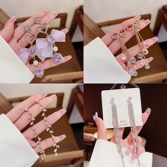 Fashion Geometric Heart Shape Bow Knot Copper Diamond Artificial Pearls Zircon Drop Earrings 1 Pair