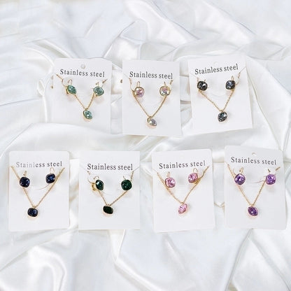 Fashion Geometric Stainless Steel Artificial Gemstones Earrings Necklace 1 Set